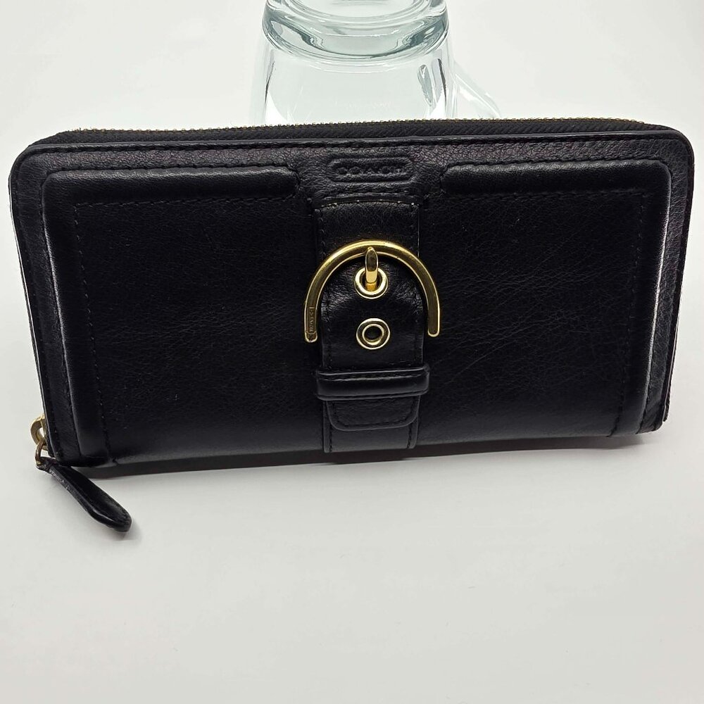 Coach Soho Black Leather Buckle Zip Around Accordion Wallet Gold Hardware - Picture 2 of 11